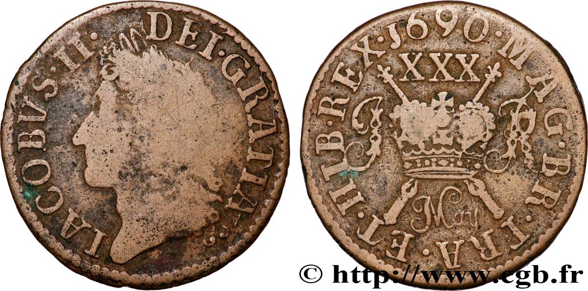 IRELAND REPUBLIC 1/2 Crown jacques II  1690  VF 