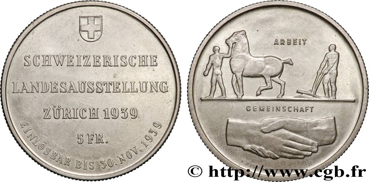 SUISSE 5 Francs Exposition de Zurich 1939 Huguenin - Le Locle TTB+ 
