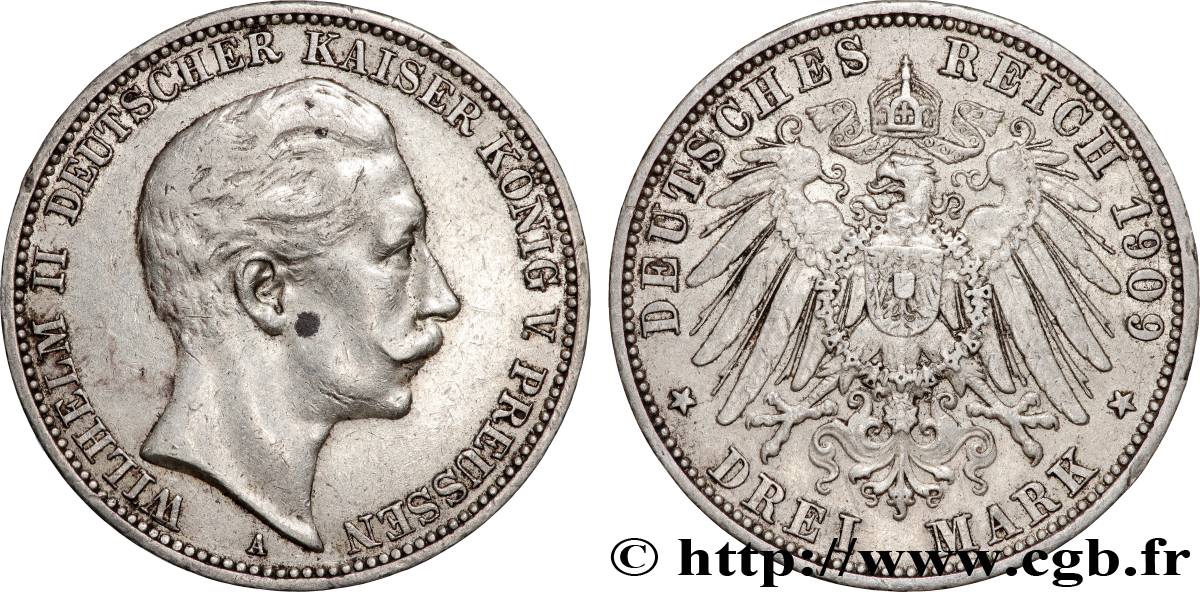 ALLEMAGNE - PRUSSE 3 Mark Guillaume II 1909 Berlin TTB 