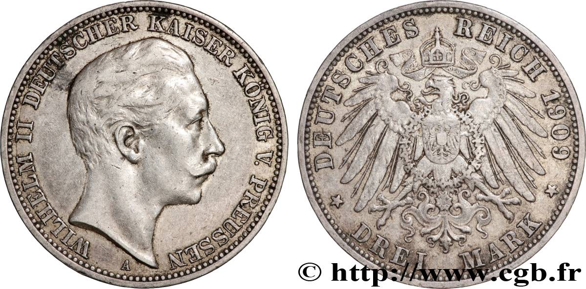 ALLEMAGNE - PRUSSE 3 Mark Guillaume II 1909 Berlin TTB 
