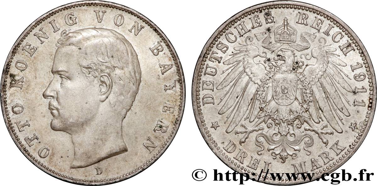 ALLEMAGNE - BAVIÈRE 3 Mark Othon Ier 1911 Munich  TTB 