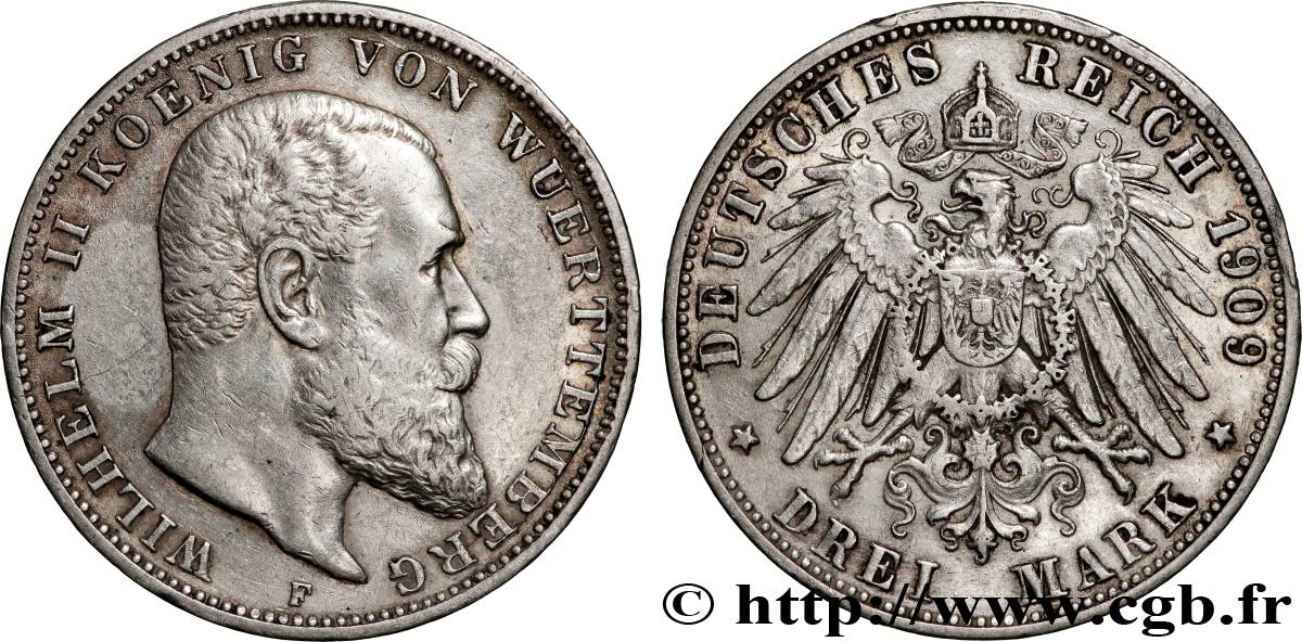 ALLEMAGNE - ROYAUME DE WURTEMBERG GUILLAUME II 3 Mark  1909 Stuttgart XF 