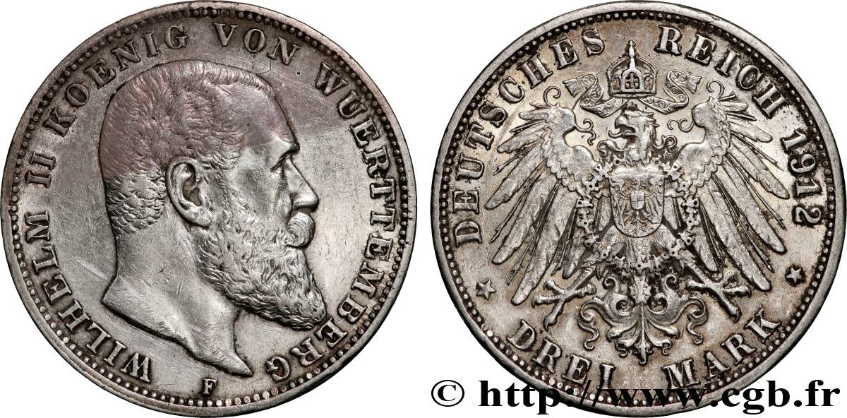 ALLEMAGNE - WURTEMBERG 3 Mark Guillaume II 1912 Stuttgart TTB 