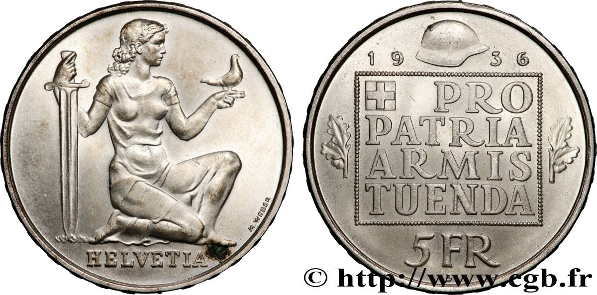 SUISSE 5 Francs fond pour l’armement 1936 Berne SUP 