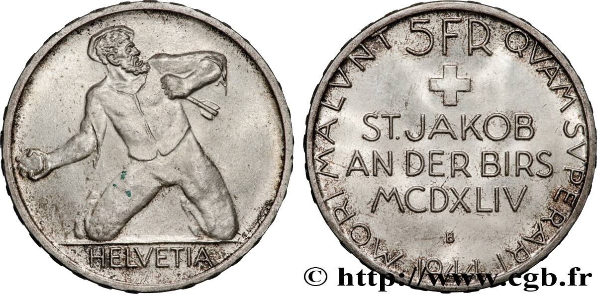 SWITZERLAND 5 Francs 500e anniversaire de la Bataille de Saint-Jacques sur la Birse 1944 Berne AU 