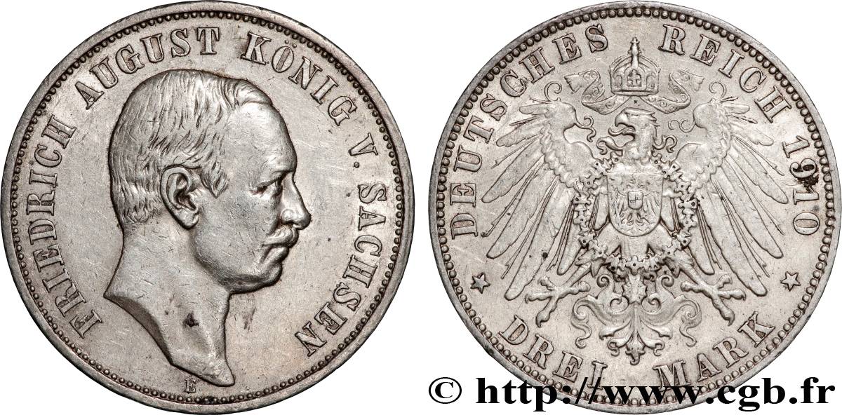 ALLEMAGNE - SAXE 3 Mark Frédéric Auguste 1910 Dresde TTB+ 