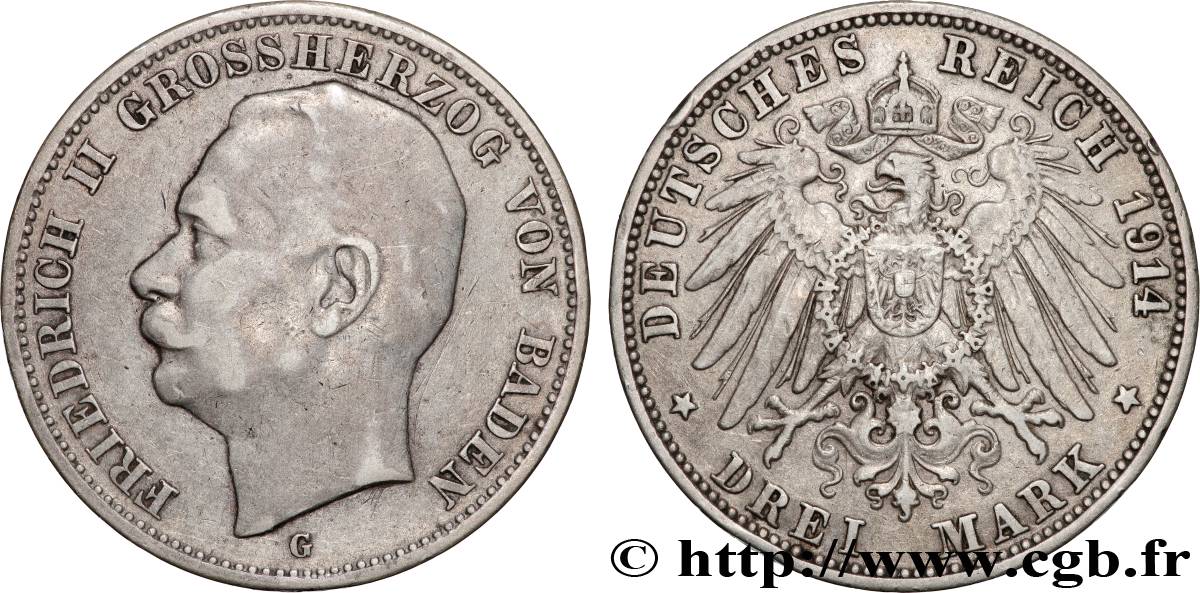 ALLEMAGNE - BADE 3 Mark Frédéric II 1914 Karlsruhe TTB 