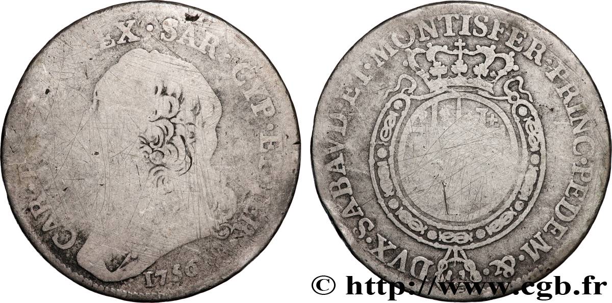 ITALY - KINGDOM OF SARDINIA - CHARLES EMMANUEL III 1/2 Scudo  1756 Turin F 