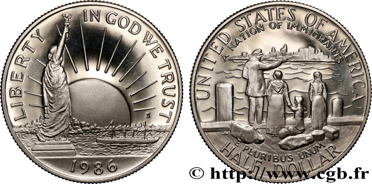 ÉTATS-UNIS D&nbsp;AMÉRIQUE 1/2 Dollar Proof statue de la Liberté / immigrants 1986 San Francisco SPL 