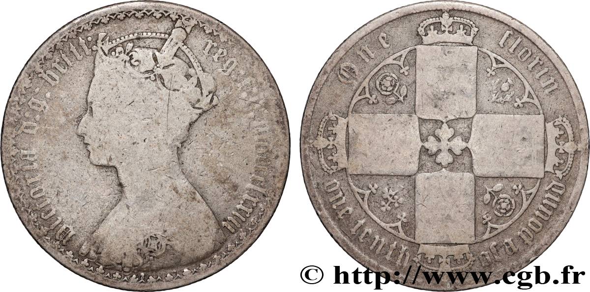 ROYAUME-UNI 1 Florin Victoria couronnée style gothique 1873 Londres B+ 
