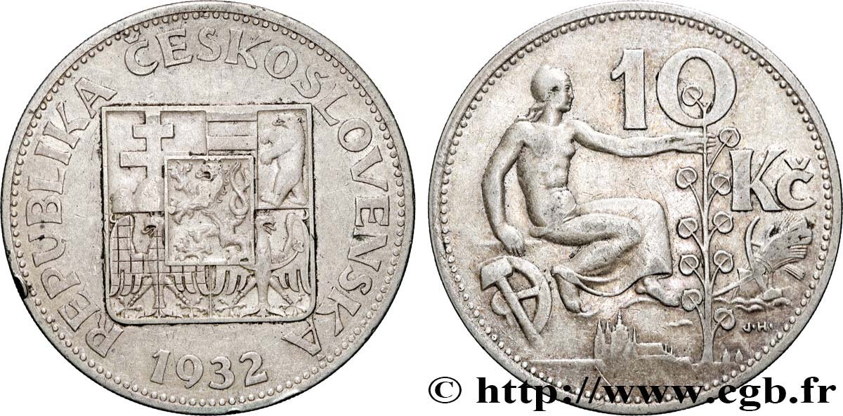 CZECHOSLOVAKIA 10 Korun alégorie du travail 1932  XF 