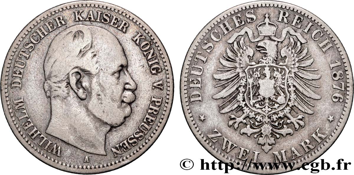 GERMANY - PRUSSIA 2 Mark Guillaume Ier 1876 Berlin VF 