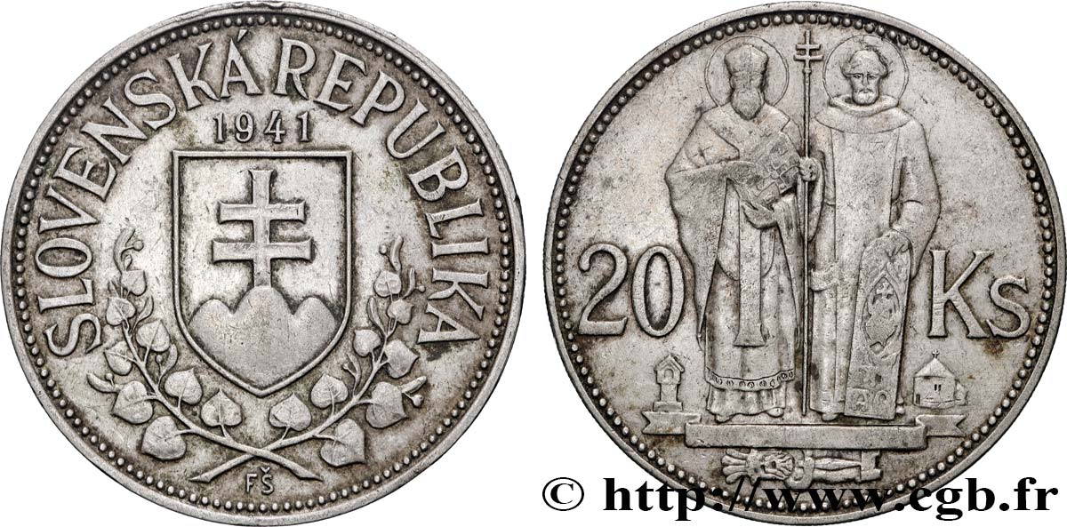 SLOVAKIA 20 Korun St Cyril et St Méthode variété avec croix à simple barre 1941  AU 