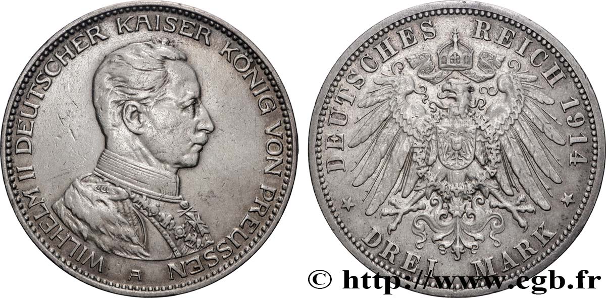 GERMANY - PRUSSIA 3 Mark Guillaume II 1914 Berlin AU 