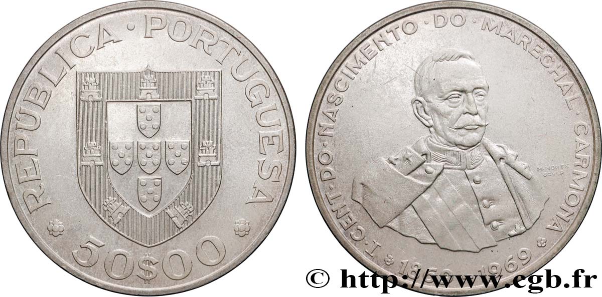PORTUGAL 50 Escudos Maréchal Oscar Carmona président de la République (1933-1951) 1969  TTB+ 