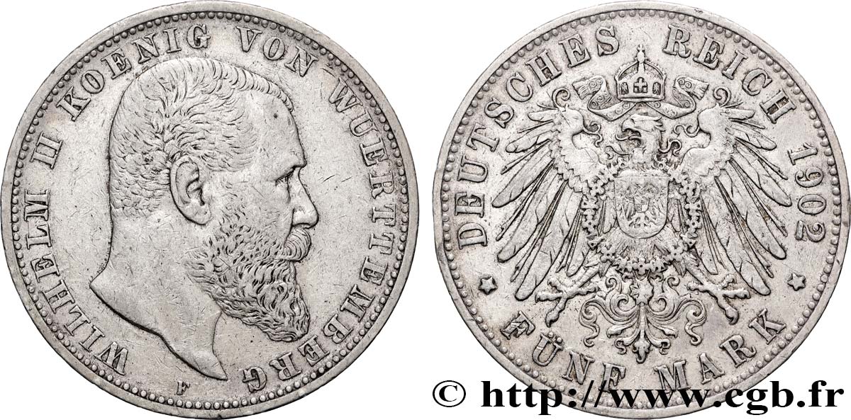 GERMANY - WÜRTTEMBERG 5 Mark Guillaume II 1902 Stuttgart XF 