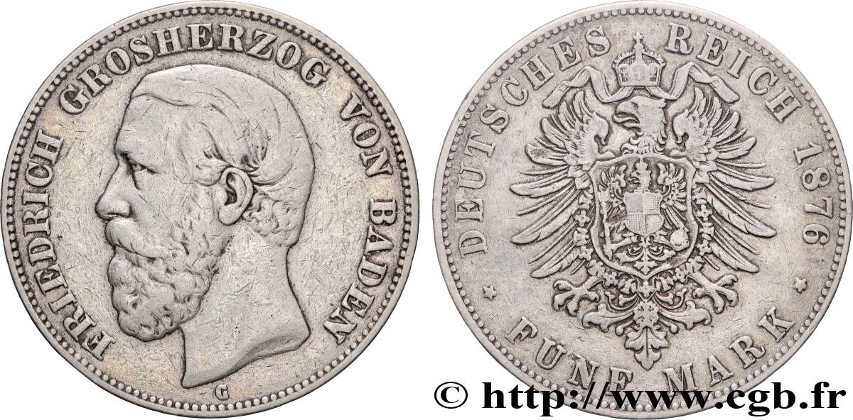 ALLEMAGNE - BADE 5 Mark Frédéric 1876 Karlsruhe TB+ 