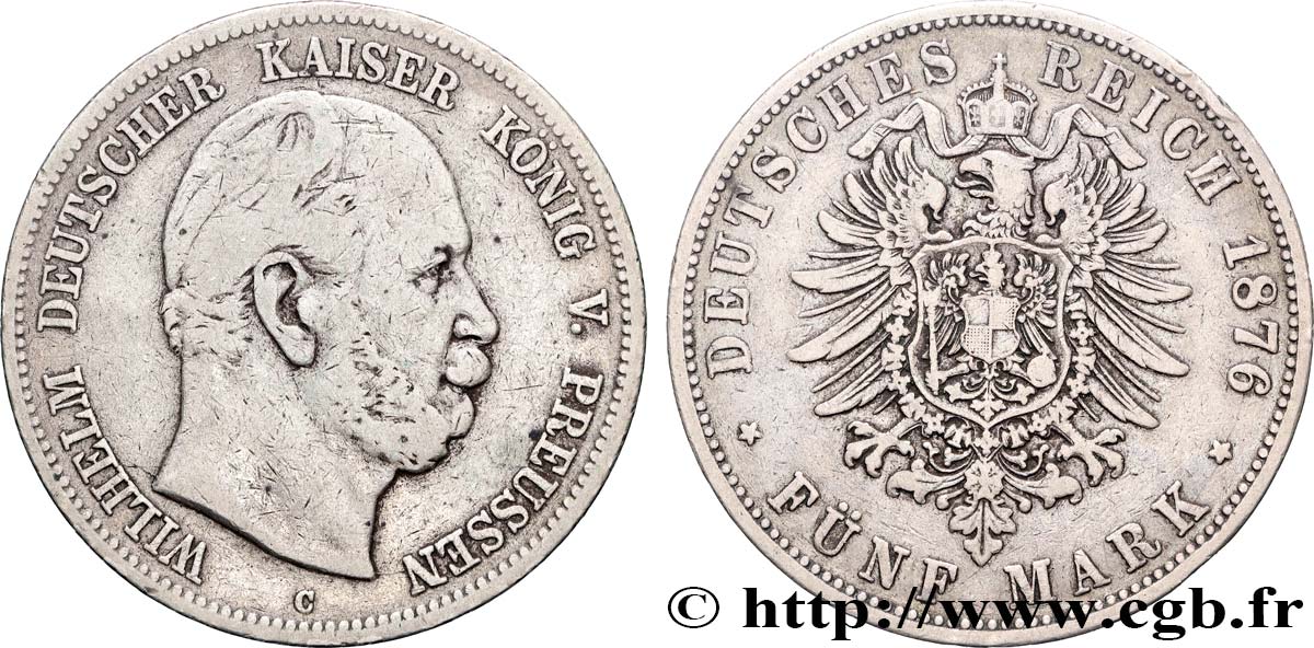 ALLEMAGNE - ROYAUME DE PRUSSE - GUILLAUME Ier 5 Mark  1876 Berlin TB+ 