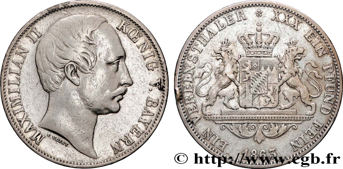 GERMANY - KINGDOM OF BAVARIA - MAXIMILIAN II JOSEPH Thaler  1863  VF 