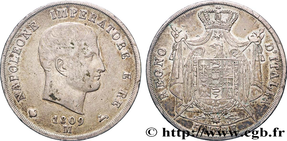 ITALIE - ROYAUME D ITALIE - NAPOLÉON Ier 5 Lire 1809 Milan TB+ 