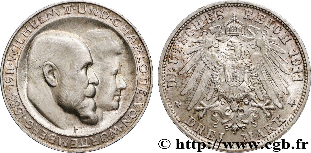 GERMANY - KINGDOM OF WÜRTTEMBERG - WILLIAM II 3 Mark, Willem II et Charlotte 1911  AU 