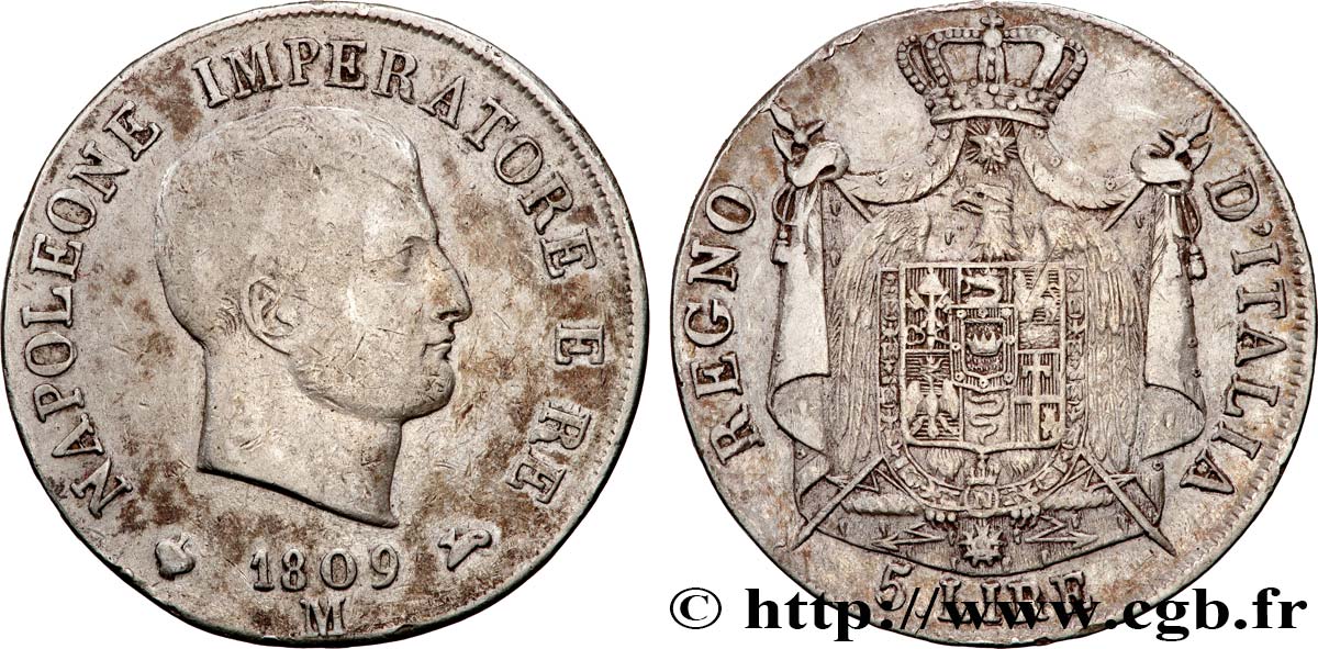 ITALIA - REINO DE ITALIA - NAPOLEóNE I 5 Lire 1809 Milan BC+ 