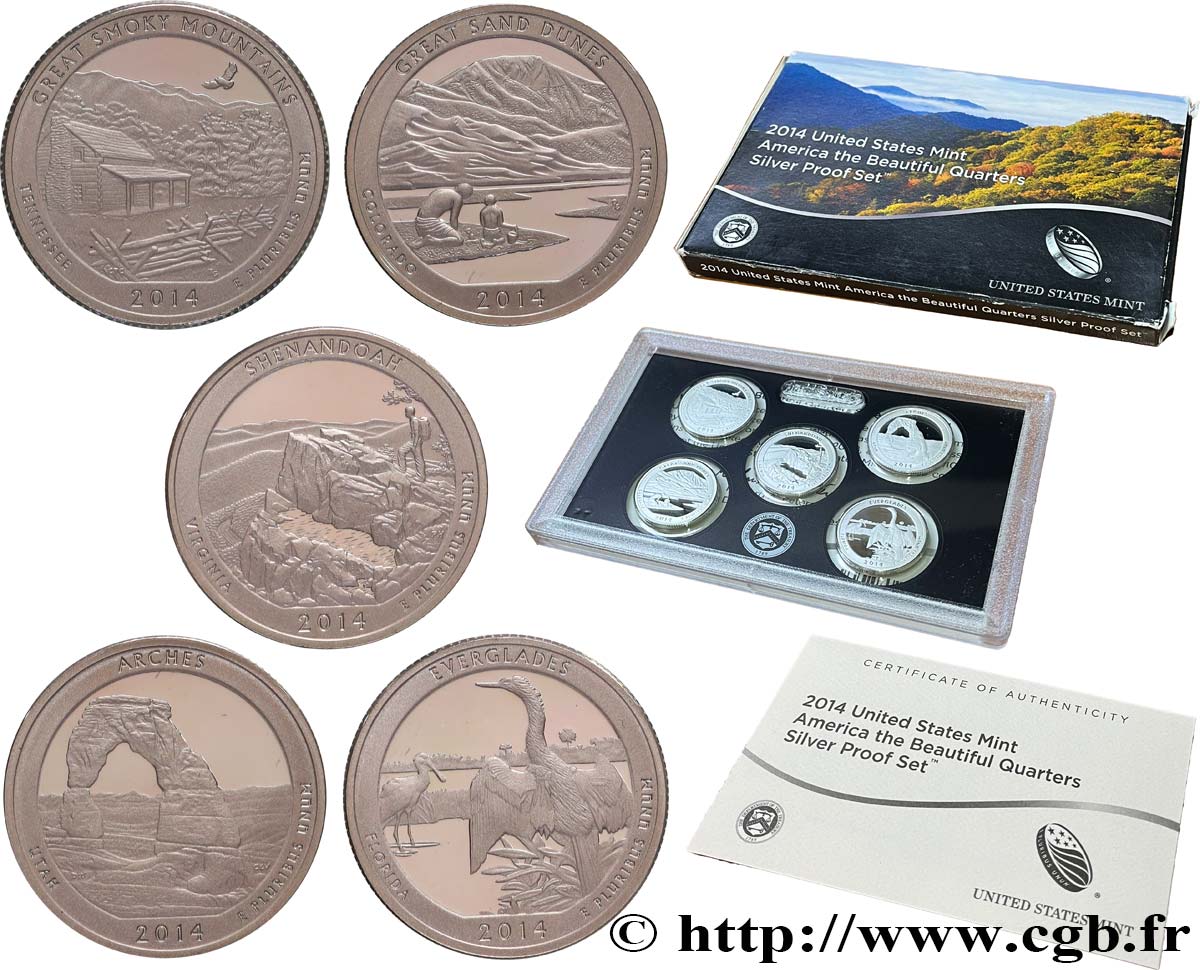 ÉTATS-UNIS D AMÉRIQUE Coffret 5 x 1/4 Dollar Silver Proof 2014 San Francisco FDC 
