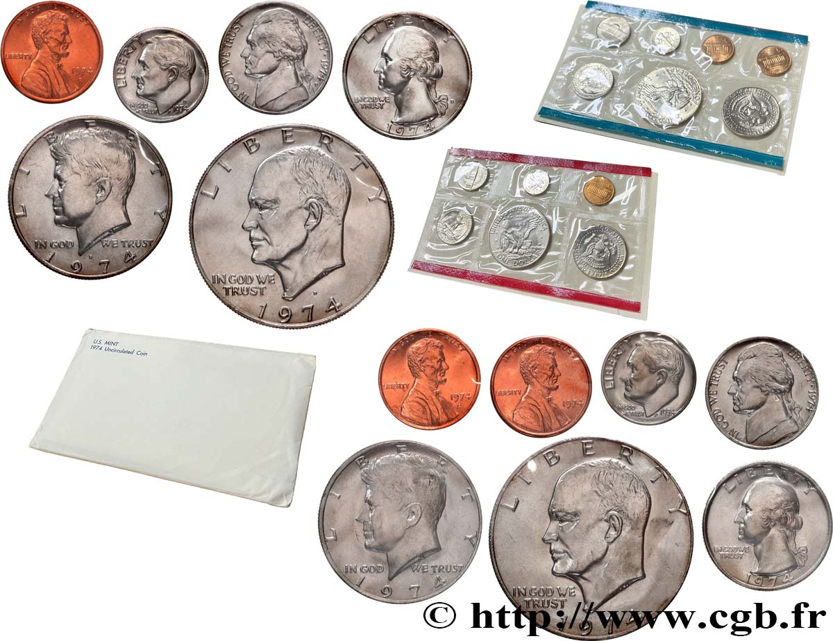ÉTATS-UNIS D&nbsp;AMÉRIQUE Série 2 x 6 monnaies - Uncirculated  Coin 1974 Philadelphie + Denver FDC 