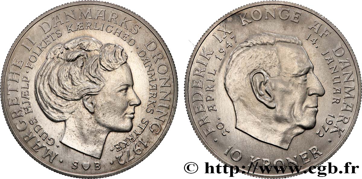 DINAMARCA 10 Kroner Mort de Frederik IX et accession de Margrethe II au trône 1972 Copenhague MS 