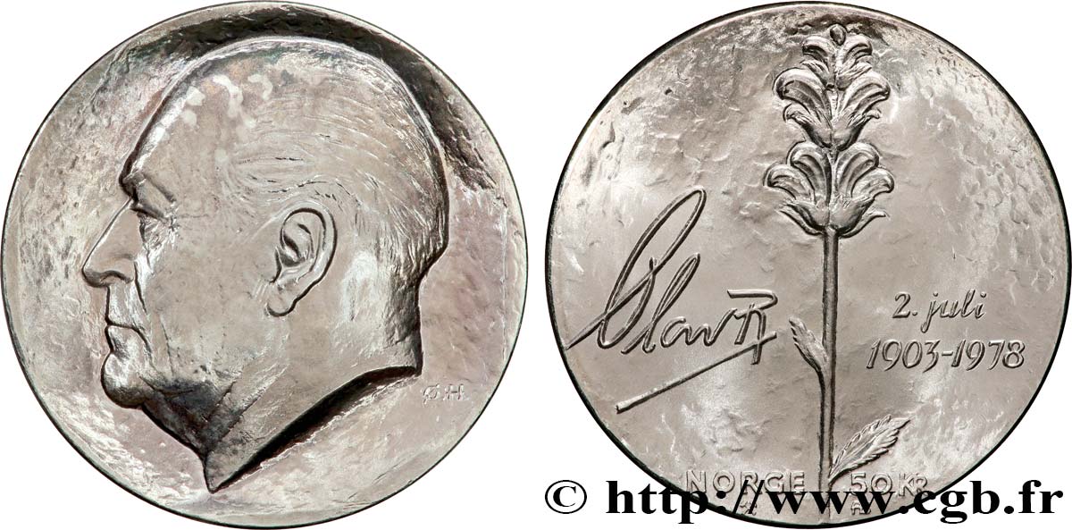 NORWEGEN 50 Kroner 75e anniversaire du roi Olaf V 1978  fST 