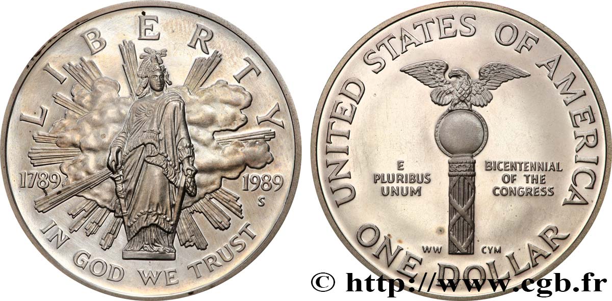 ÉTATS-UNIS D&nbsp;AMÉRIQUE 1 Dollar Proof bicentenaire du Congrès 1989 San Francisco - S SPL 