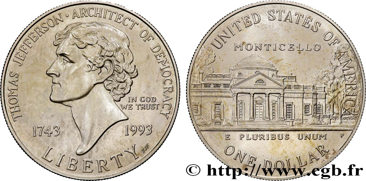 UNITED STATES OF AMERICA 1 Dollar Jefferson 1993 Philadelphie MS 