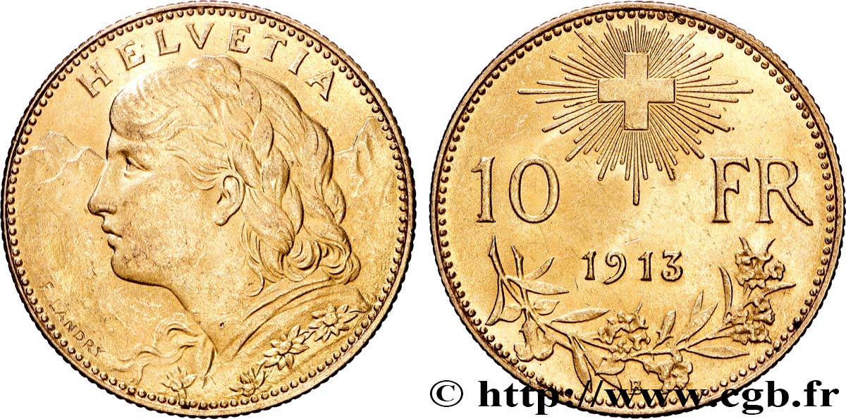 SVIZZERA  10 Francs or  Vreneli  1913 Berne SPL+ 