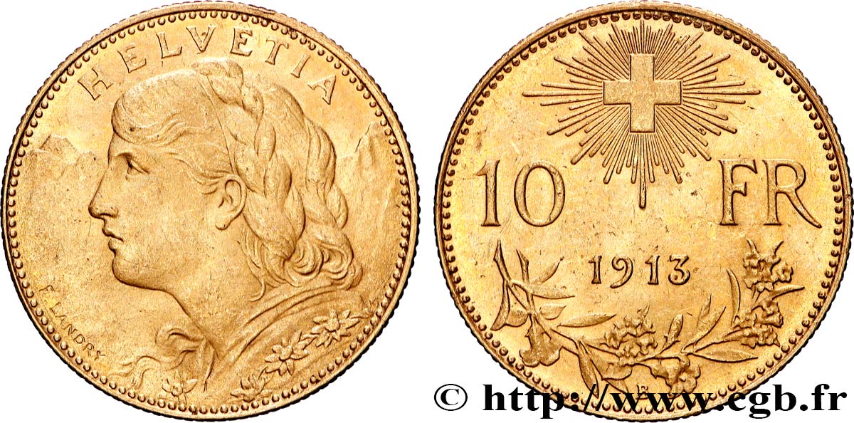 SUISSE 10 Francs or  Vreneli  1913 Berne SUP+ 