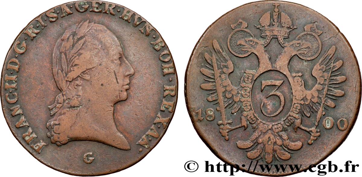 AUSTRIA 3 Kreuzer François II / aigle bicéphale 1800 Gunzburg  BC+ 
