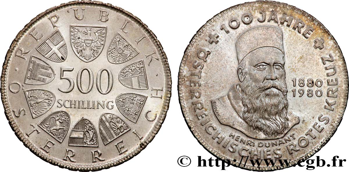 AUTRICHE 500 Schilling 100e anniversaire de la Croix Rouge Autrichienne, Henri Dunant 1980 Vienne SUP 