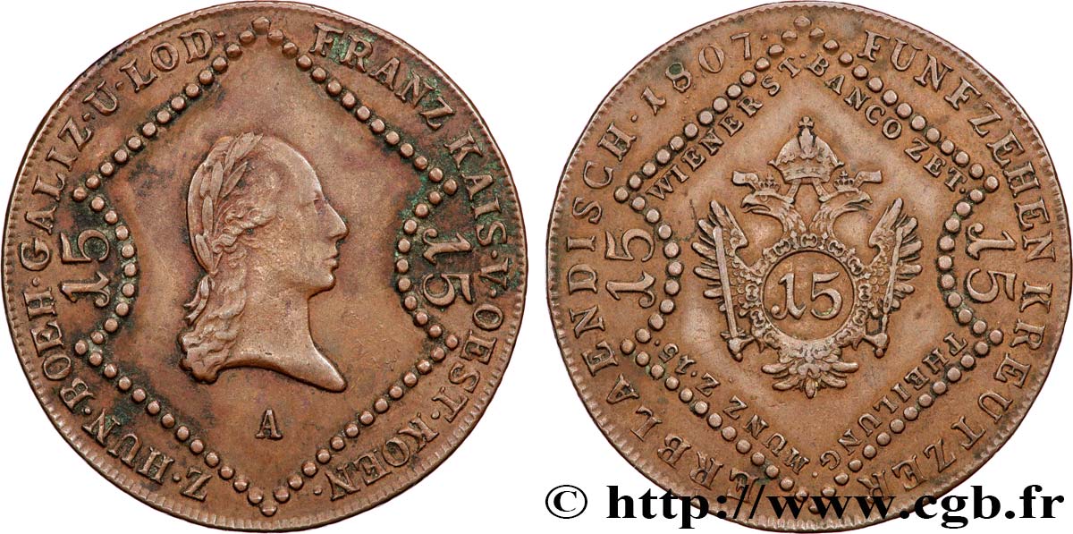AUTRICHE 15 Kreuzer empereur François Ier 1807 Vienne TTB 