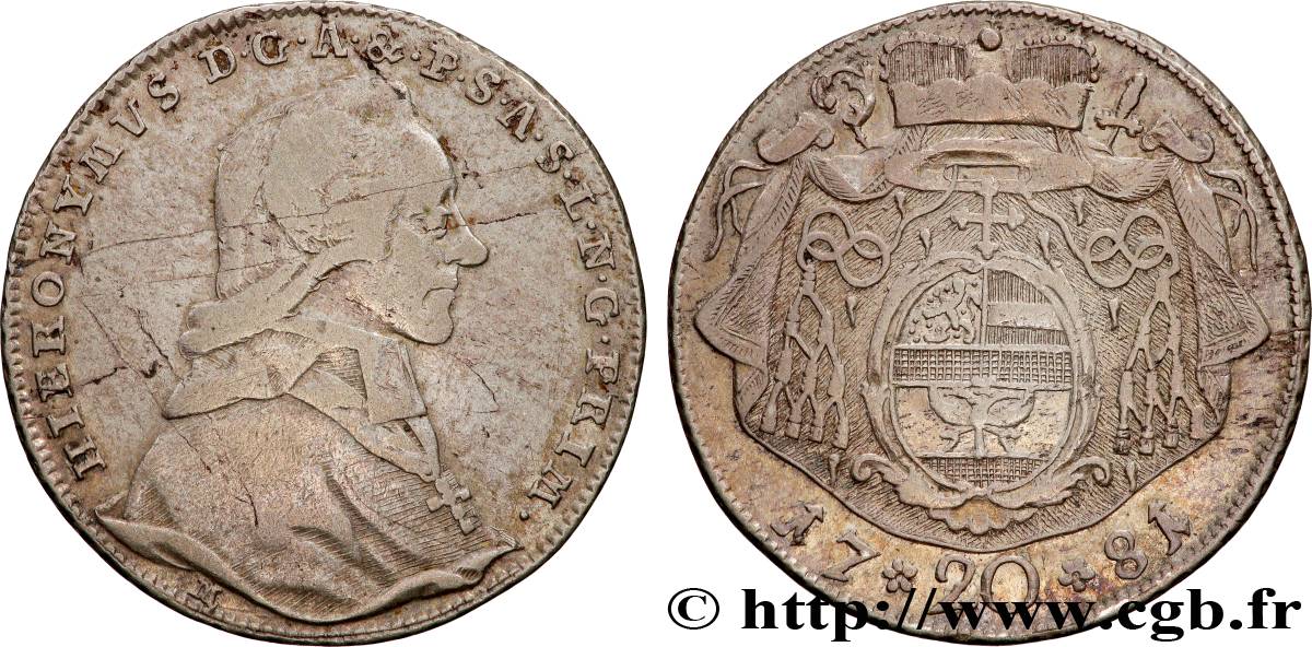AUTRICHE - SALZBOURG 20 Kreutzer Jérôme Colloredo 1781 Salzbourg TB+/TTB 