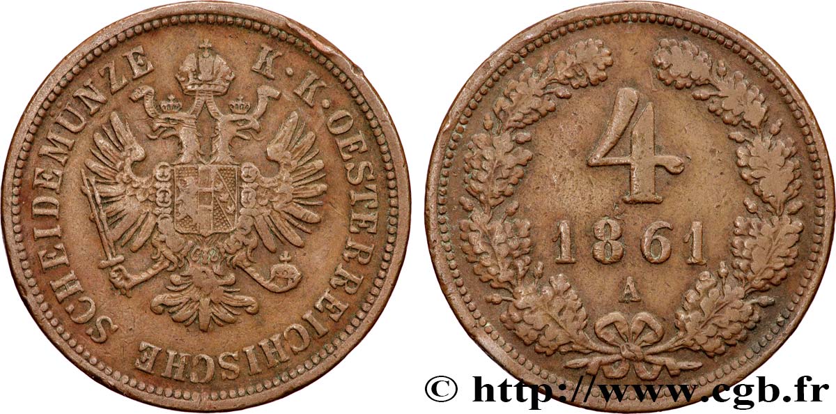 AUTRICHE 4 Kreuzer aigle bicéphale 1861 Vienne TTB 