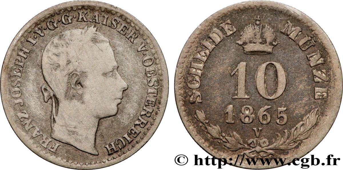 ITALY - LOMBARDY - VENETIA 10 Kreuzer François-Joseph Ier 1865 Venise VF 