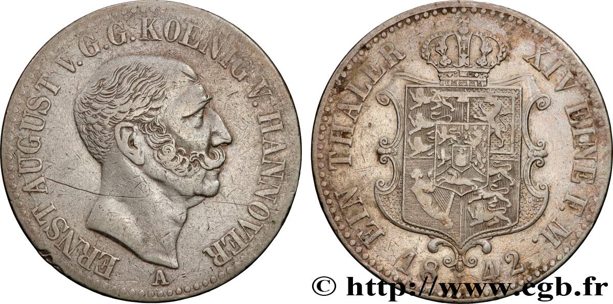 ALLEMAGNE - HANOVRE 1 Thaler Ernest Auguste 1842 Clausthal TB+ 