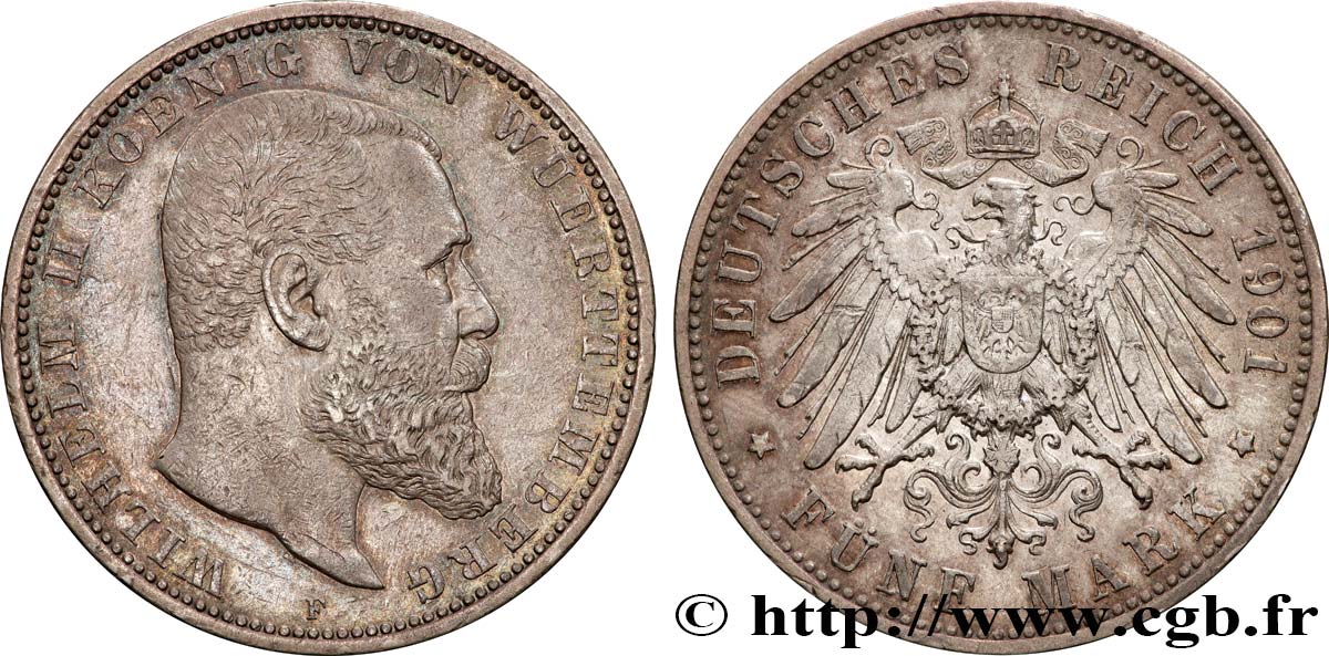 ALLEMAGNE - ROYAUME DE WURTTEMBERG - GUILLAUME II 5 Mark  1901 Stuttgart TTB 
