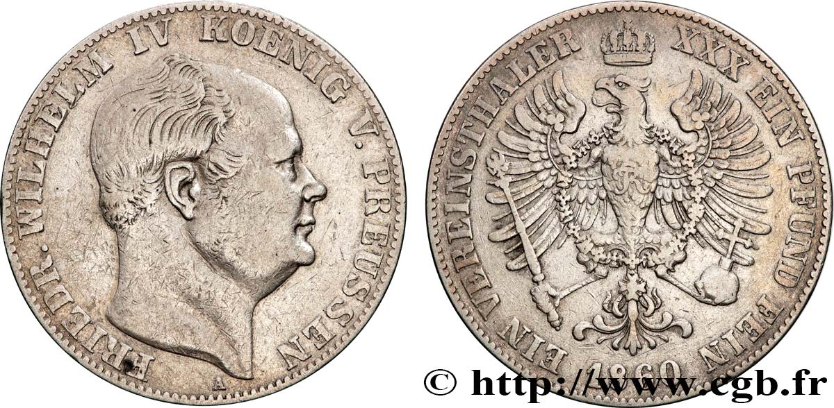 ALLEMAGNE - ROYAUME DE PRUSSE - FRÉDÉRIC-GUILLAUME IV Thaler 1860 Berlin TB+ 