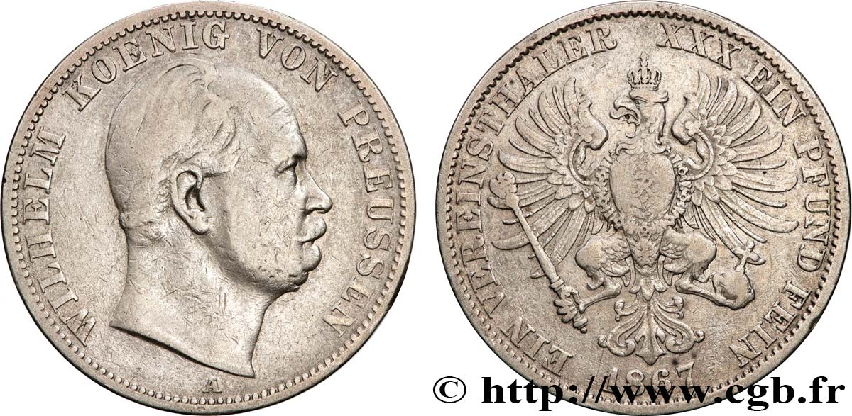 ALLEMAGNE - ROYAUME DE PRUSSE - GUILLAUME Ier 1 Thaler  1867 Berlin TB+ 
