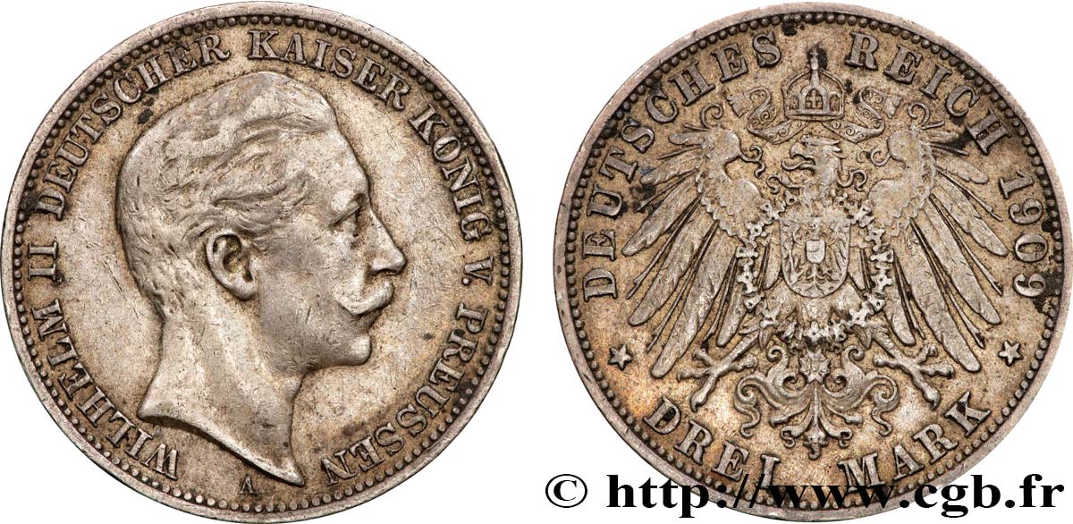 ALLEMAGNE - PRUSSE 3 Mark Guillaume II 1909 Berlin TTB 