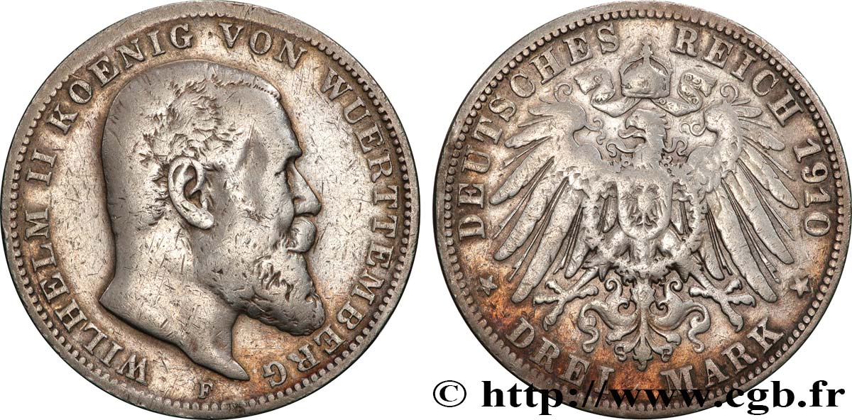 ALLEMAGNE - WURTEMBERG 3 Mark Guillaume II 1910 Stuttgart TB+ 