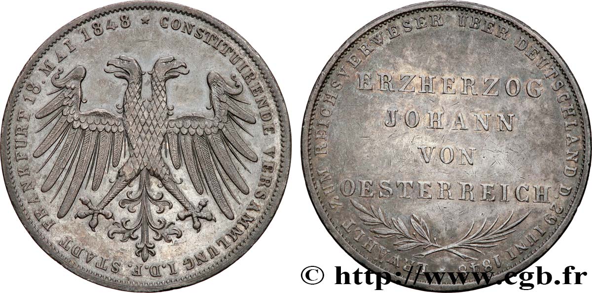 ALLEMAGNE - VILLE LIBRE DE FRANCFORT 2 Gulden élection de Jean Archiduc d’Autriche 1848  TTB 