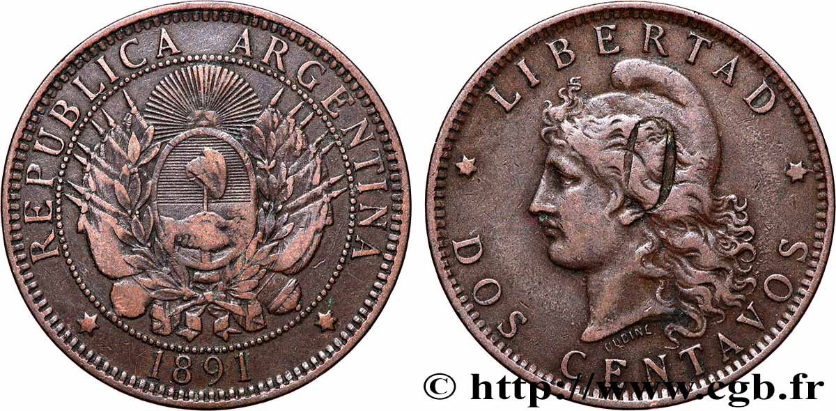 ARGENTINA 2 Centavos contremarque”O” au revers 1891  BB 