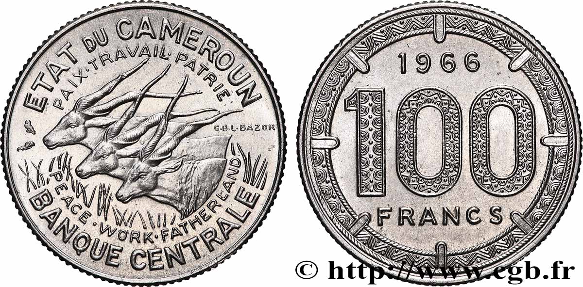 CAMERUN 100 Francs Etat du Cameroun, commémoration de l’indépendance, antilopes 1966 Paris SPL 