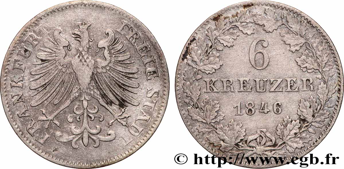 GERMANY - FREE CITY OF FRANKFURT 6 Kreuzer 1846 Francfort VF 